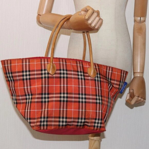 BURBERRY Nova Check Blue Label Tote Bag Nylon Leather Orange Brown Auth ti1814 - Picture 3 of 16